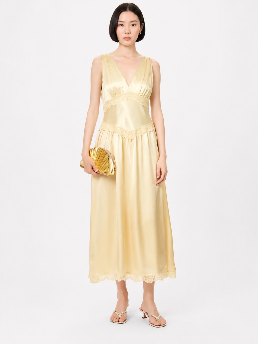 Reformation Stasia Silk Midi Dress Butter Yellow Lace Trim V Neck 0